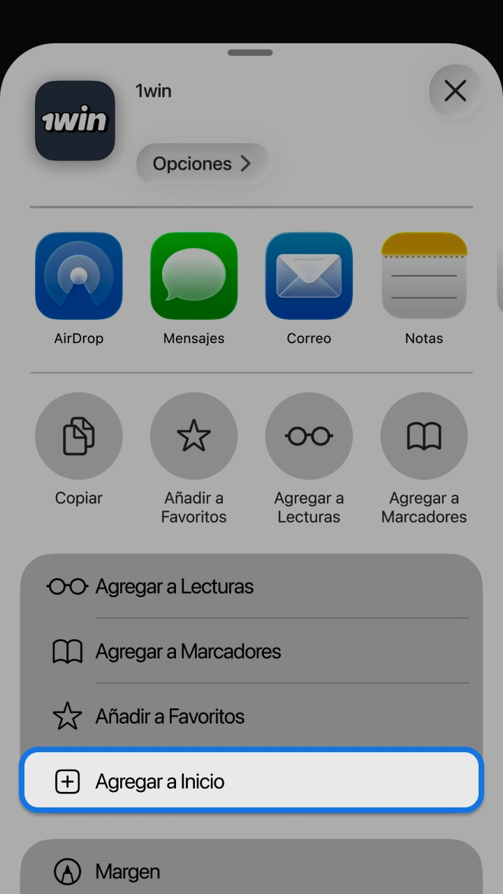 Selecciona la opción para agregar el acceso directo de 1win a tu pantalla de inicio.