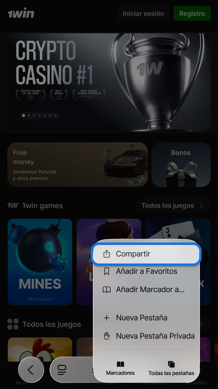 Haz clic en el botón compartir del navegador para iniciar la instalación de 1win.