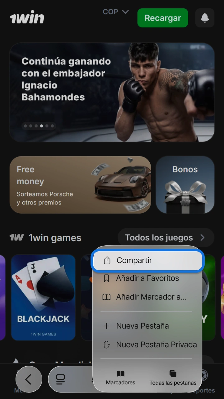 Toca el botón compartir en tu navegador para instalar la app de 1win y Aviatrix.
