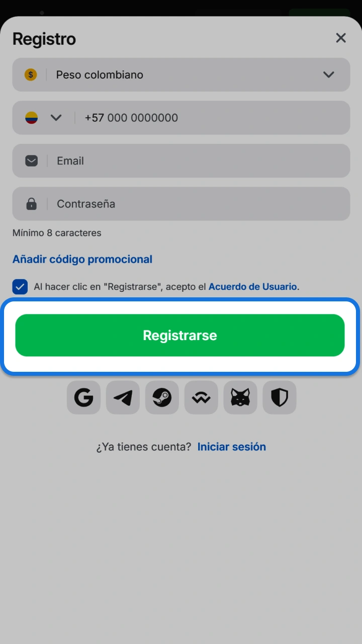 Completa el formulario de registro en el sitio web de 1win para empezar a volar con Aviatrix.