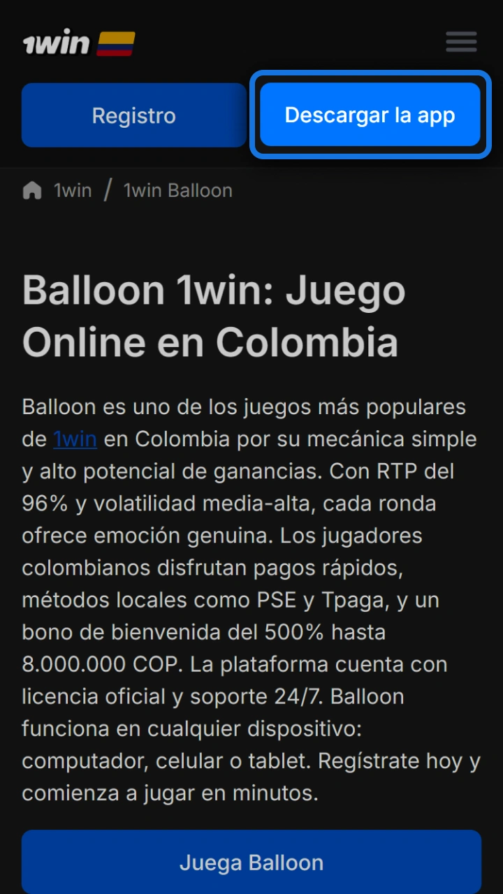 Presiona el botón de descarga oficial en 1win para empezar tu aventura en Balloon.