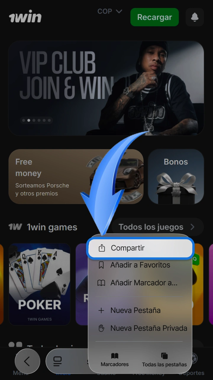 Toca el botón compartir en tu iPhone para instalar la cómoda app de 1win y Balloon.