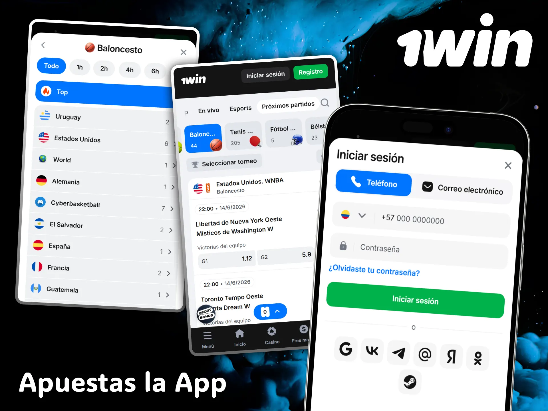 Instala la aplicación oficial de 1win para seguir tus partidos de baloncesto en vivo.