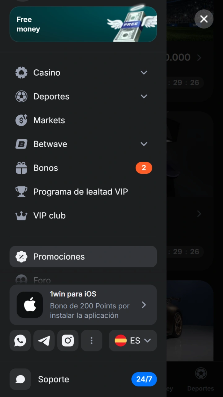Abre el menú lateral para descubrir todas las secciones de entretenimiento en 1win.