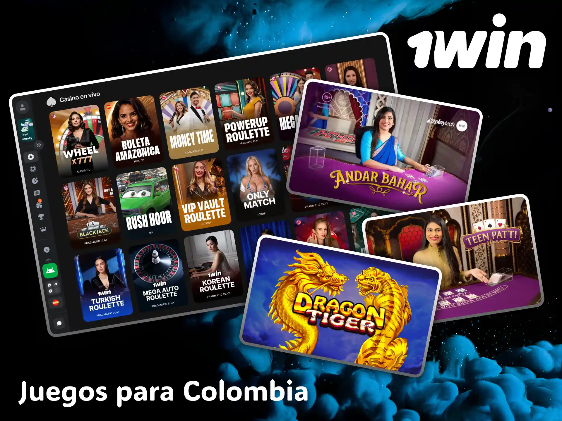 Disfruta de una espectacular selección de juegos en vivo adaptados para Colombia en casino 1win.