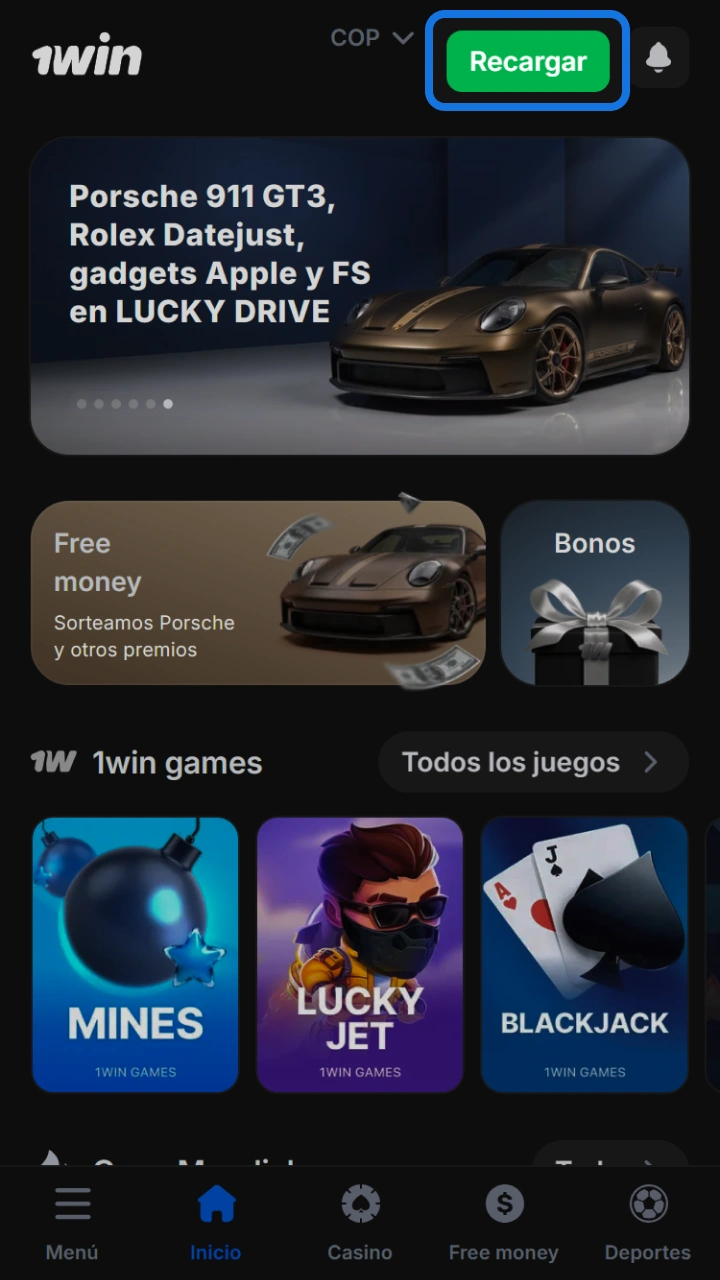 Presiona el botón de recarga en tu perfil para añadir fondos al instante en 1win.