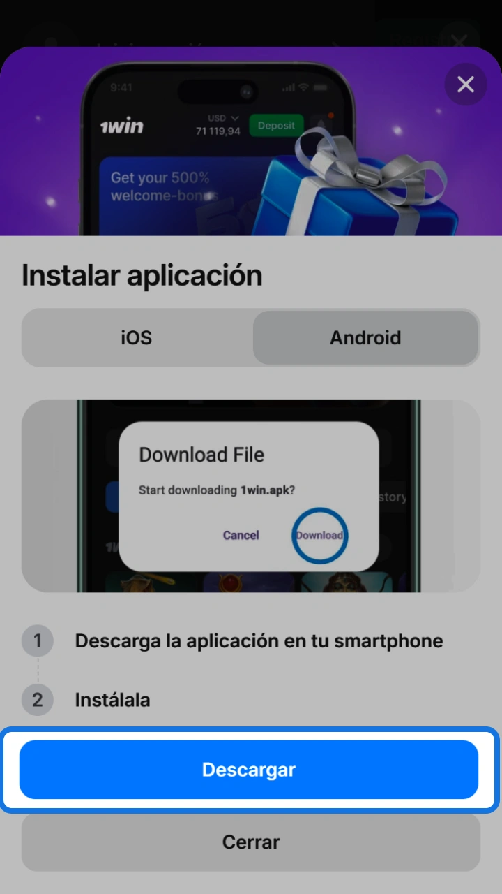 Descarga el archivo de instalación de forma directa para disfrutar la aplicación de 1win.