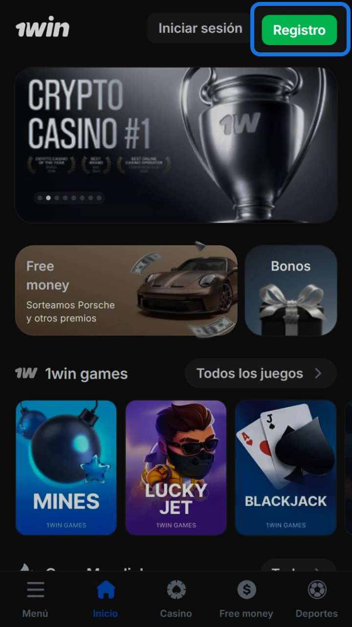 Utiliza el botón verde de registro para crear tu cuenta nueva hoy en 1win.