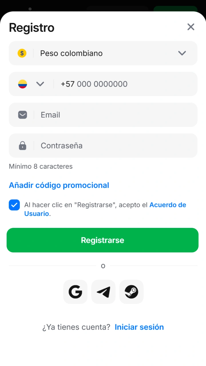 Completa el formulario de registro agregando tu código promocional exclusivo dentro de 1win.