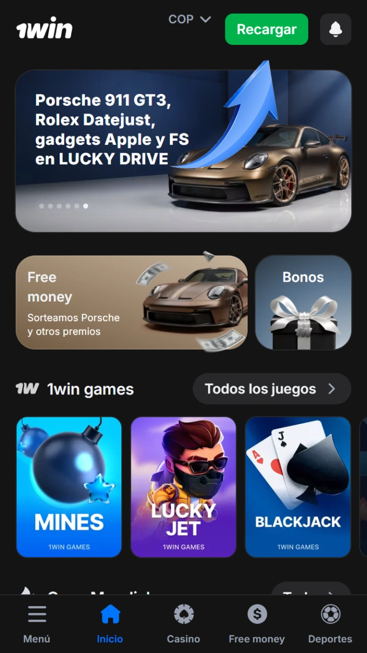 Presiona el botón de recarga superior para añadir fondos al instante en 1win.