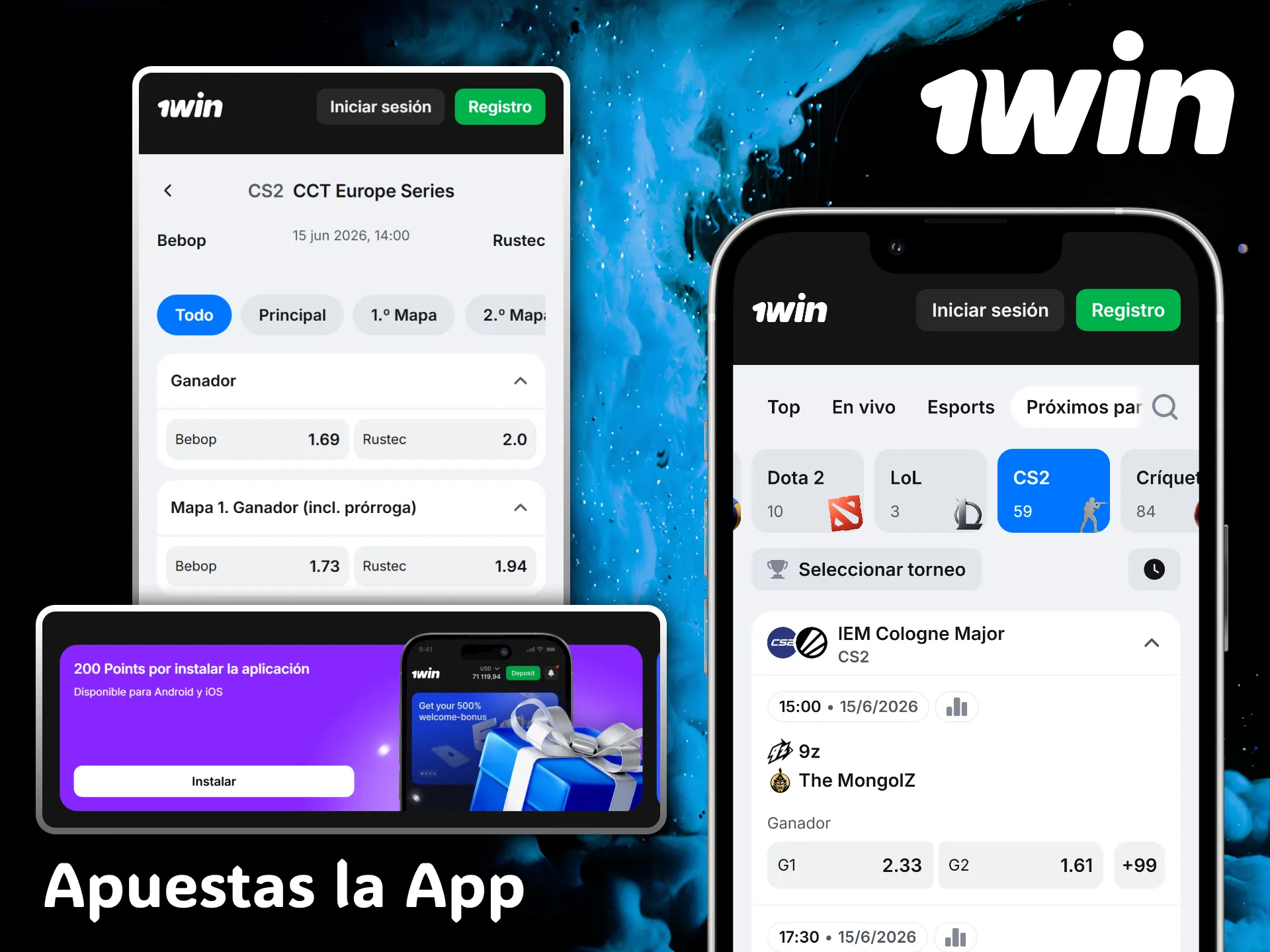 Instala la cómoda aplicación móvil de 1win y sigue tus partidos de CS2 en vivo.