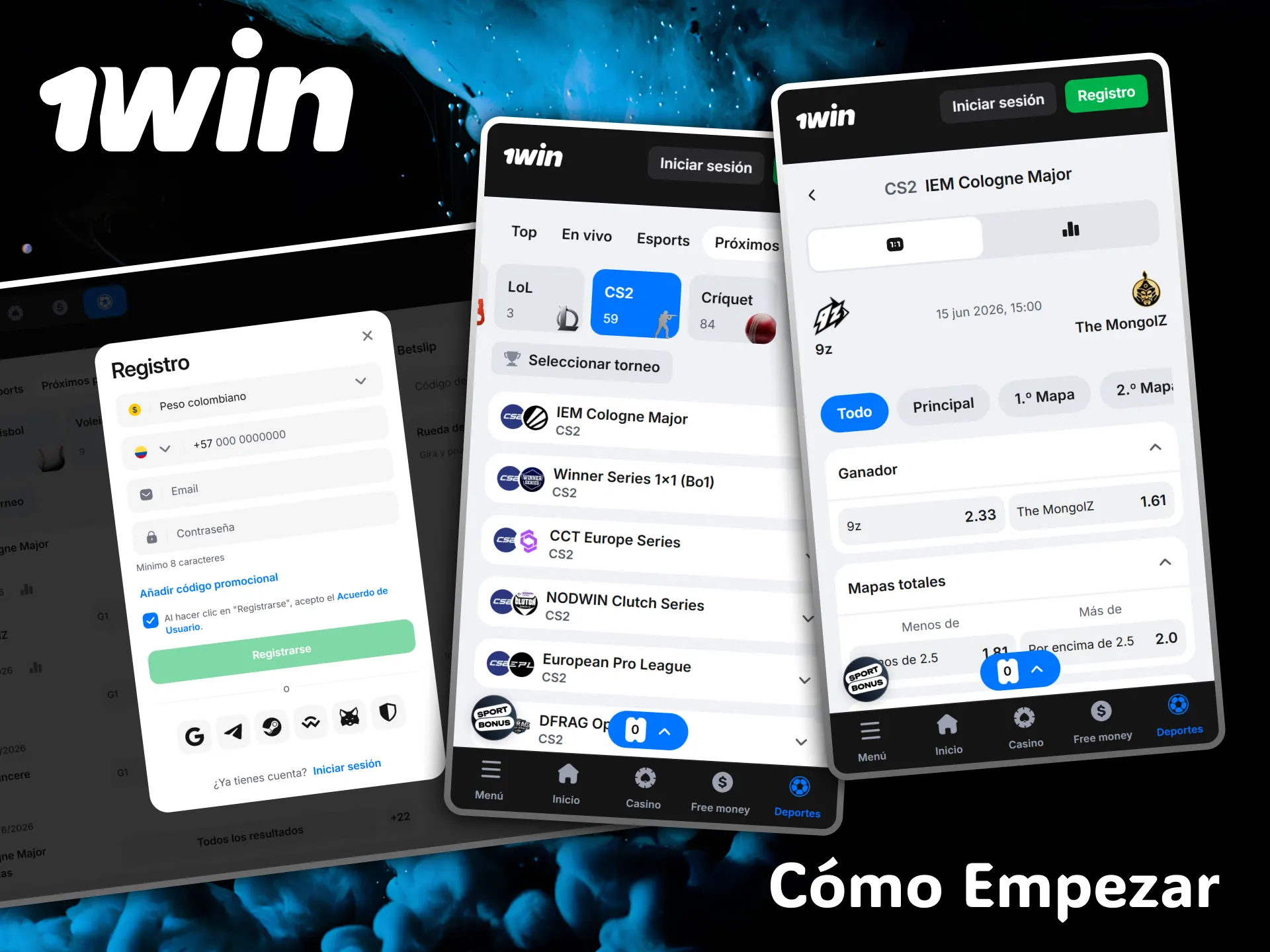 Regístrate de forma rápida y sencilla para apostar en torneos de CS2 con 1win.