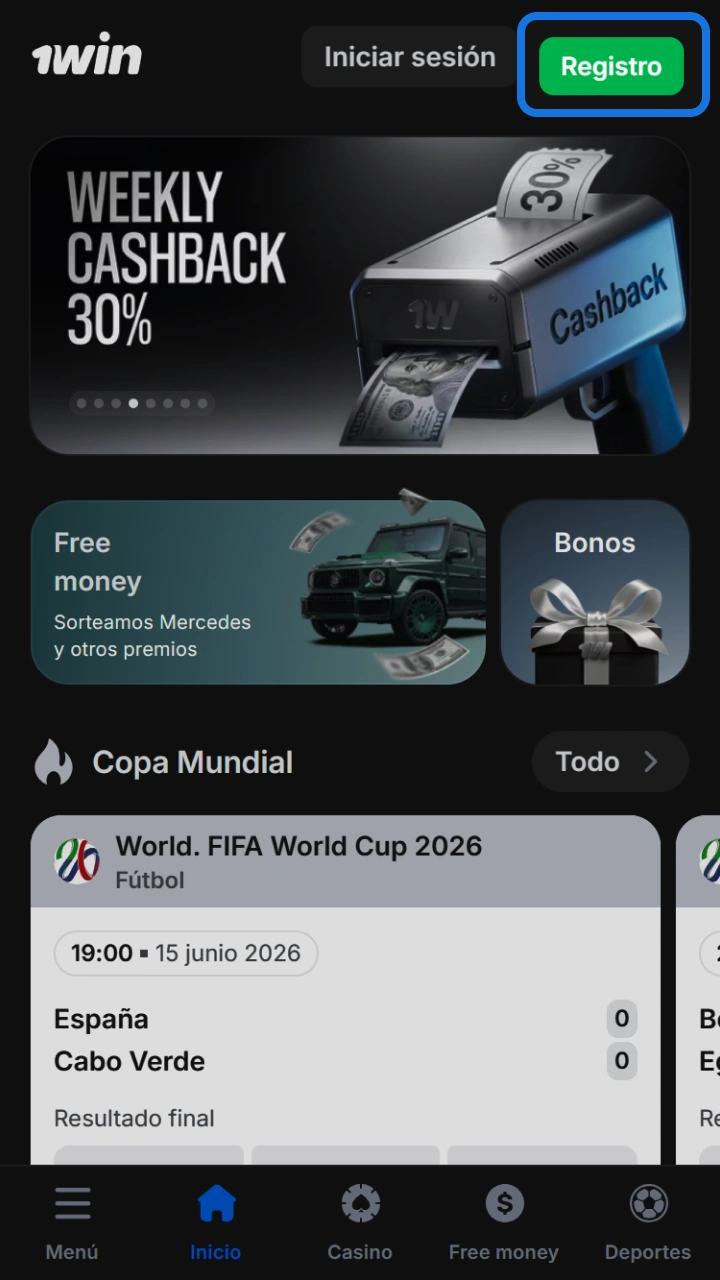 Utiliza el botón de registro para acceder al menú de recargas en 1win.
