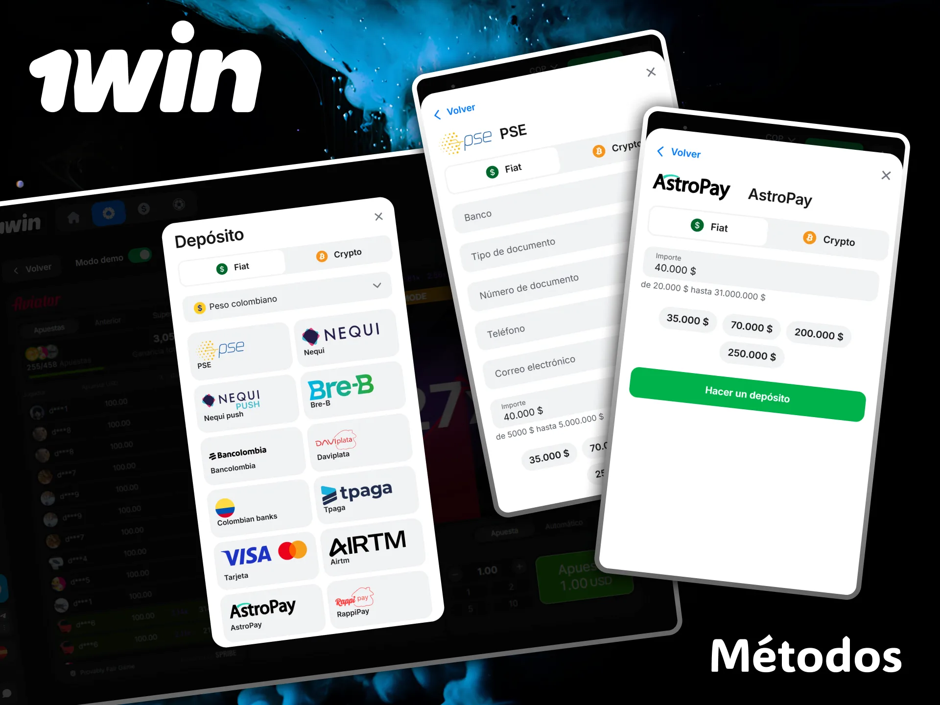 Explora todos los métodos de depósito locales e internacionales habilitados en el portal 1win.