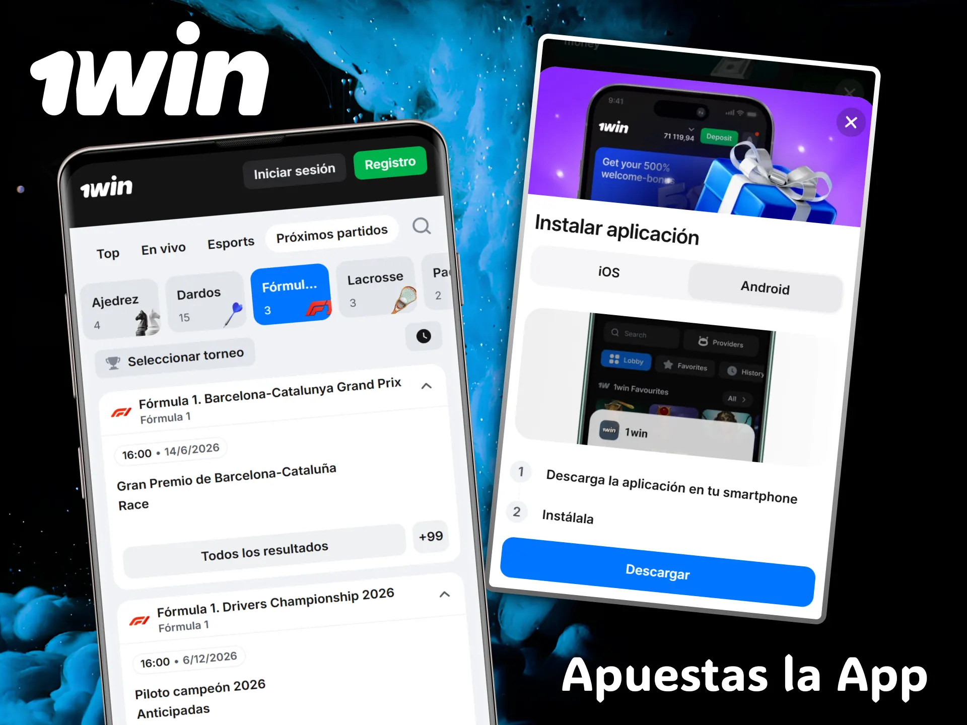 Descarga la moderna aplicación móvil de 1win para apostar en la Fórmula 1.