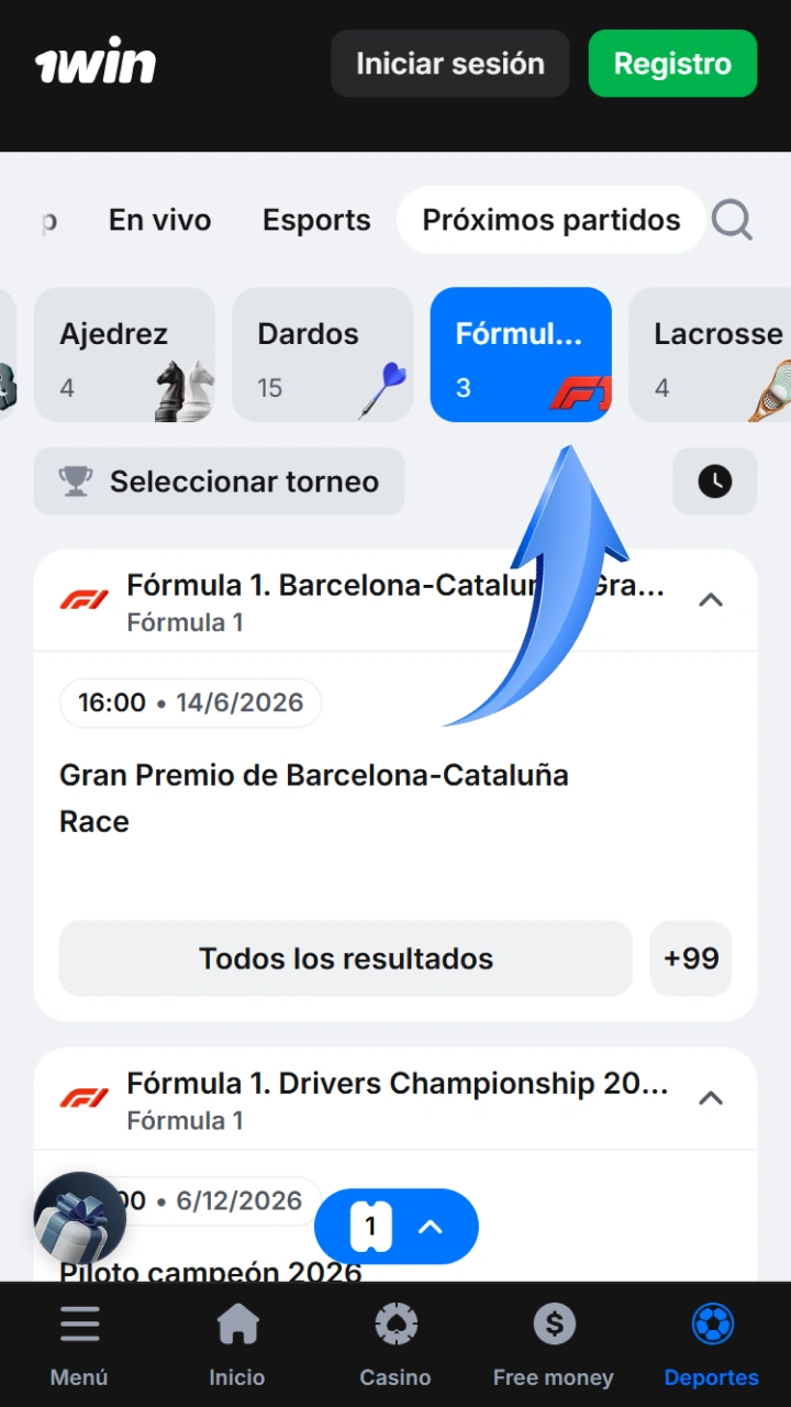 Selecciona fácilmente la categoría de Fórmula 1 en el menú interactivo de 1win.
