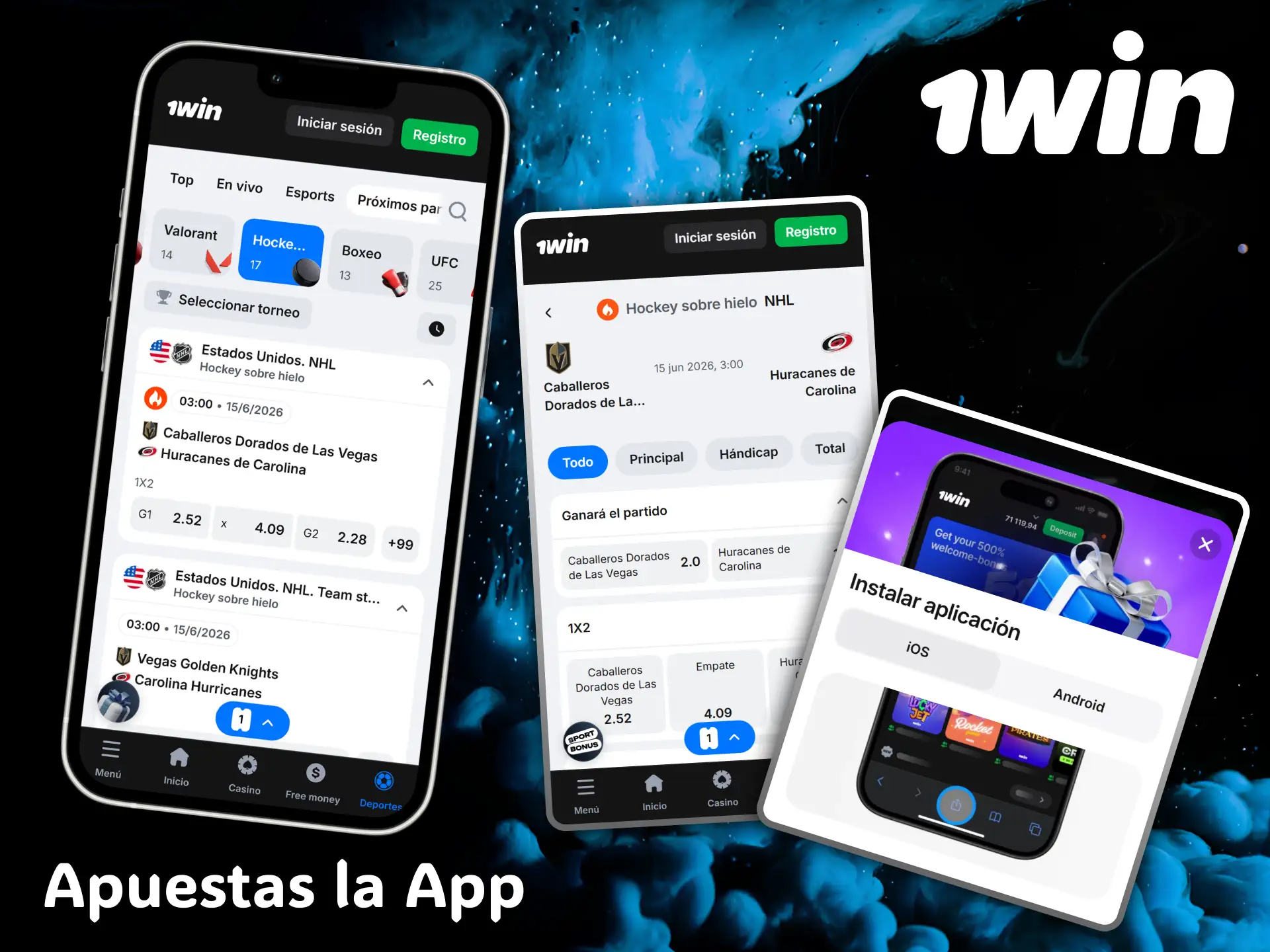 Instala la aplicación oficial de 1win para seguir la acción del hockey en vivo.
