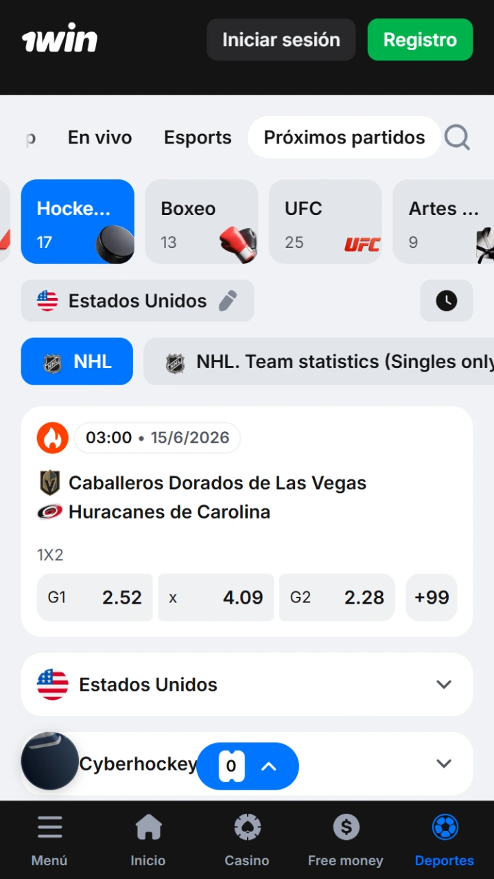 Entra a la sección de hockey y descubre cuotas inigualables en la plataforma 1win.