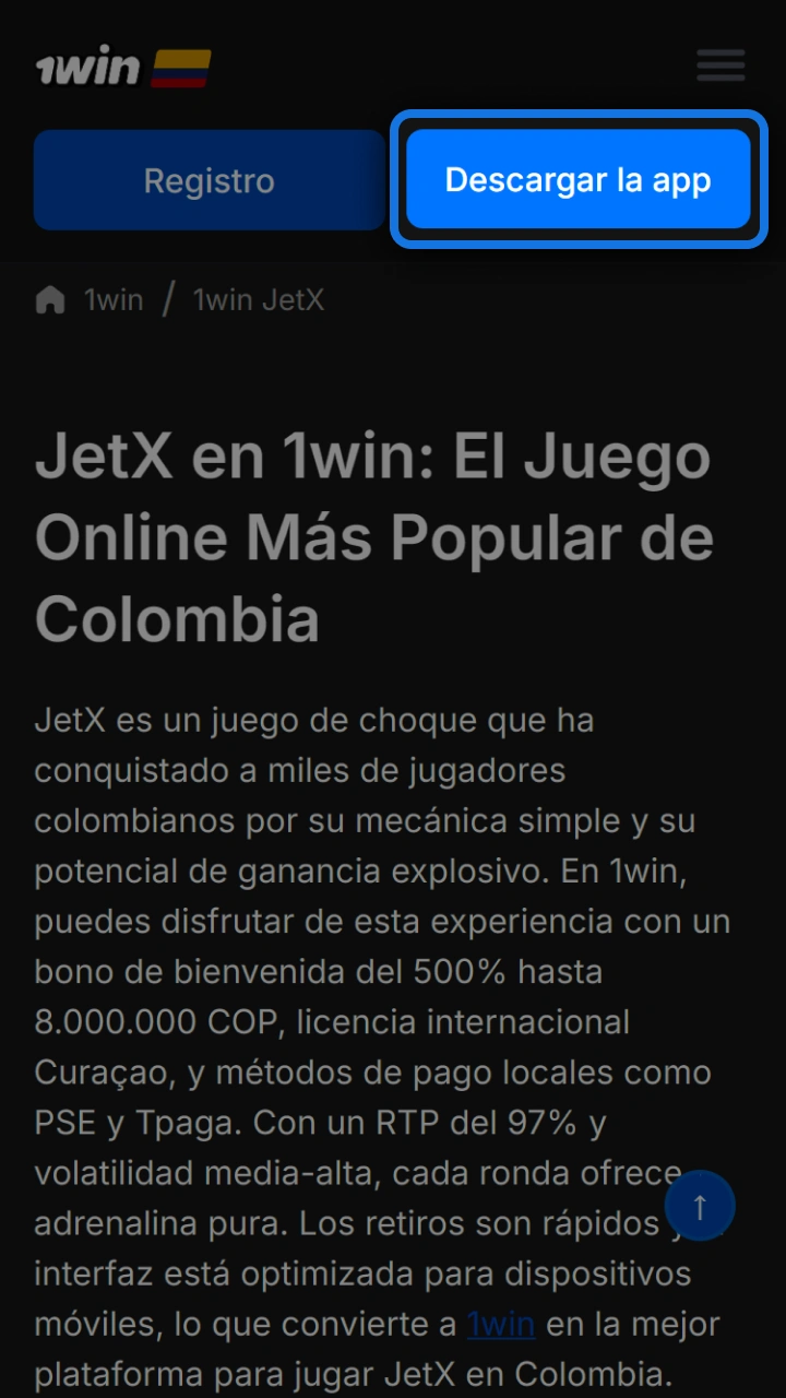 Toca el botón oficial de 1win para descargar la app y jugar a JetX.