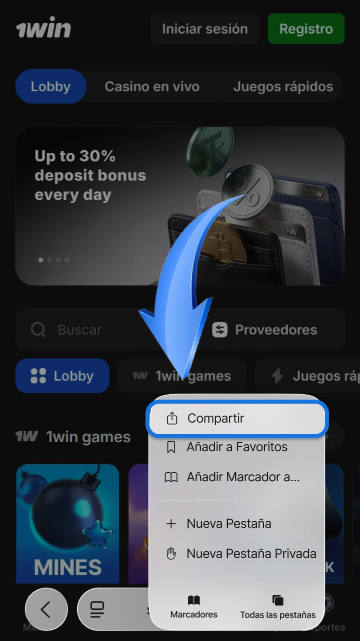 Toca el botón compartir del navegador para instalar la app de 1win y JetX.