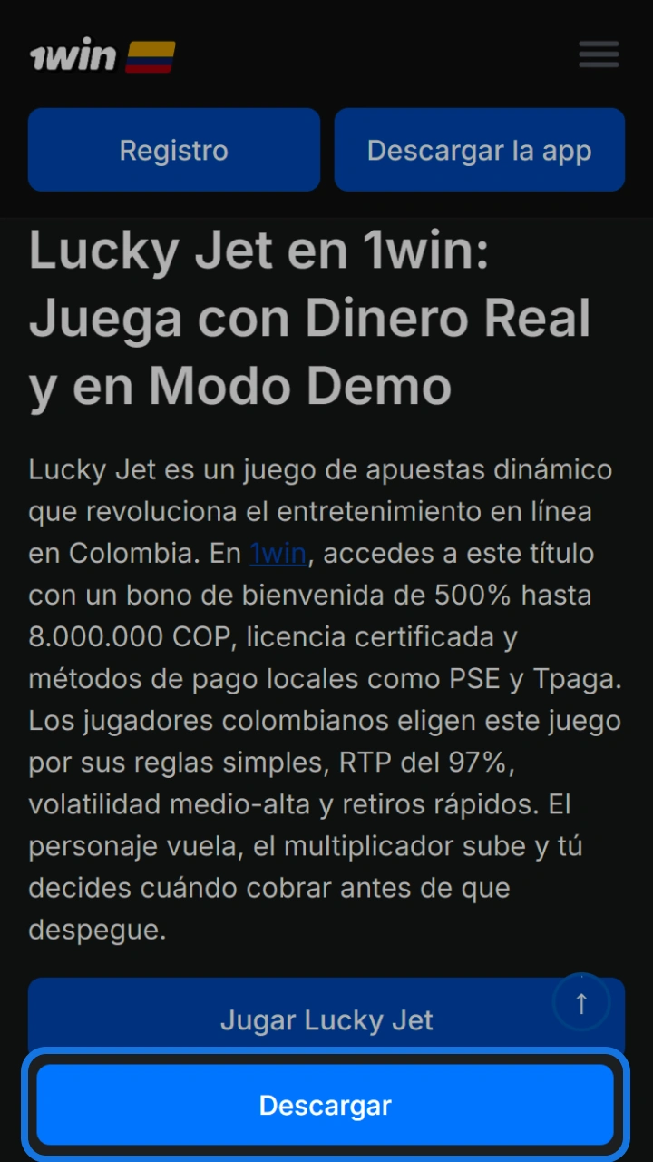 Toca el botón azul de descarga en 1win para jugar a Lucky Jet con dinero real.