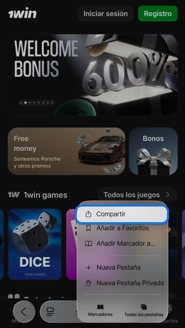 Toca el botón compartir del navegador para instalar la app de 1win y Lucky Jet.