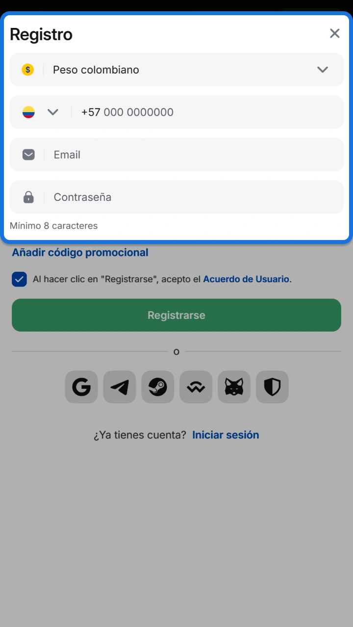 Completa el formulario de registro en 1win para desbloquear bonos y jugar a Lucky Jet.