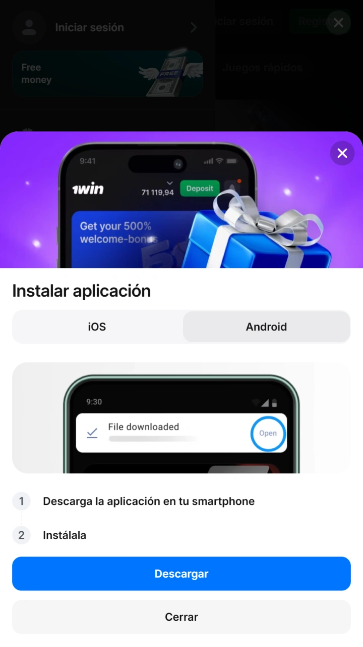 Haz clic en el botón azul para iniciar la descarga segura de la aplicación 1win Mines.