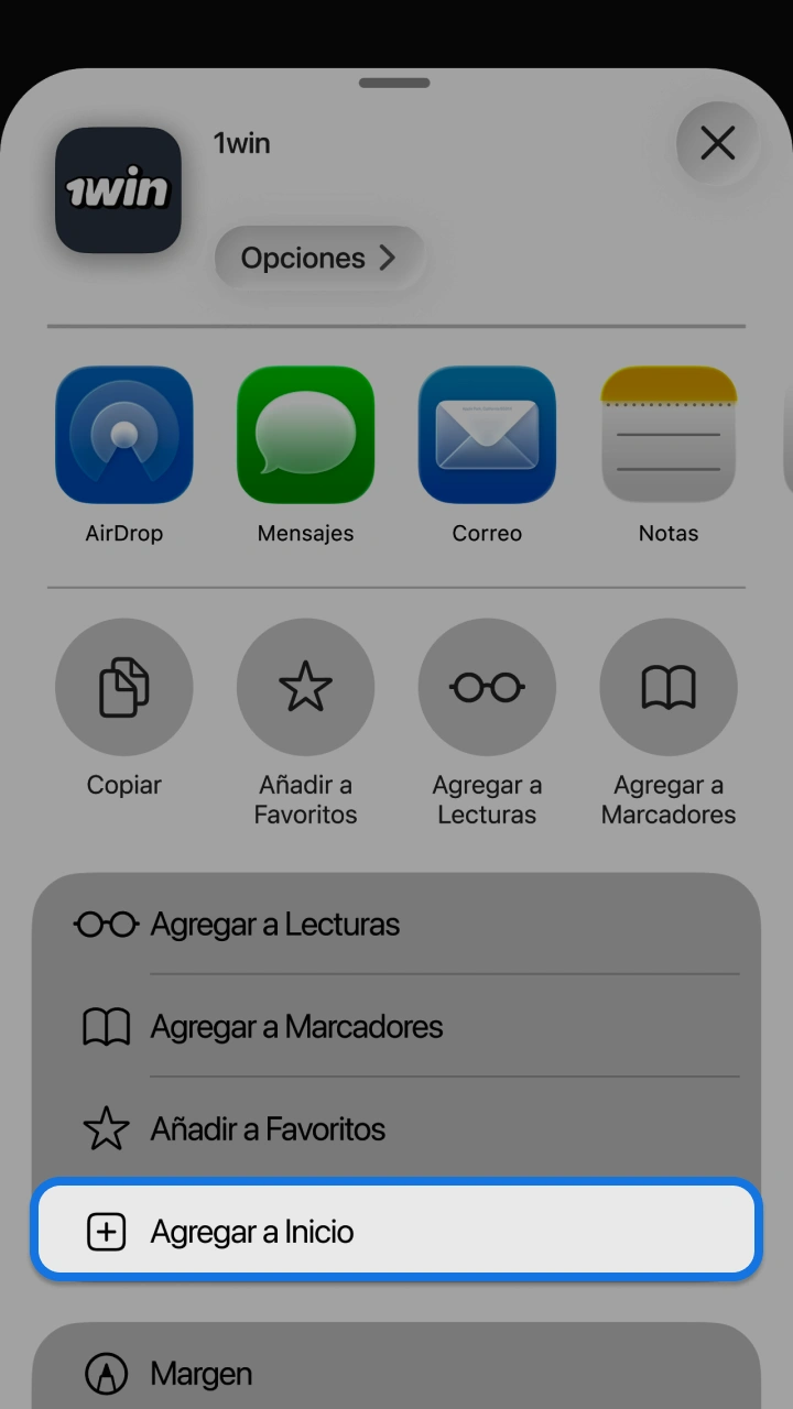 Selecciona la opción Agregar a Inicio para instalar cómodamente el acceso a 1win Mines.