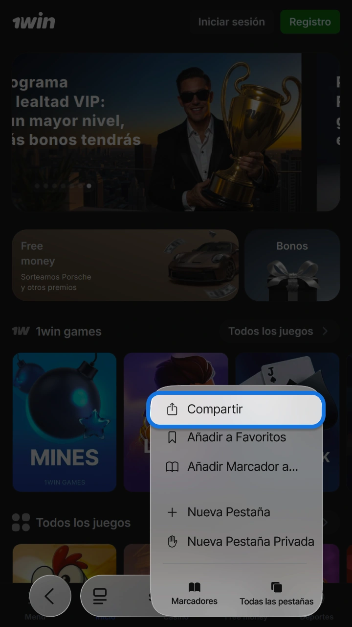 Toca el botón de compartir en tu navegador para iniciar la instalación de 1win Mines.