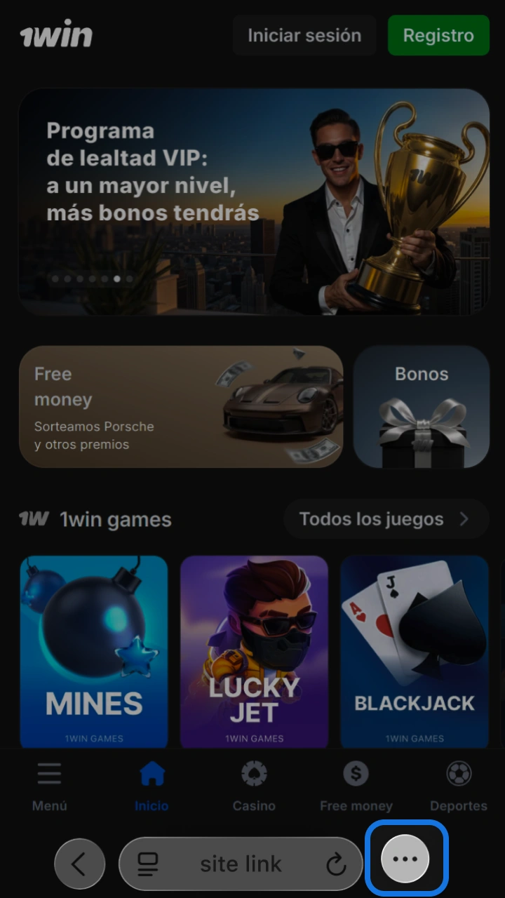 Presiona el botón inferior del menú para añadir el acceso rápido a 1win Mines.