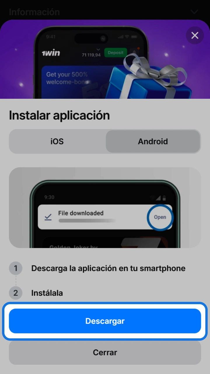 Toca el botón de descarga en 1win para instalar la app y jugar a Penalty Shoot-out.