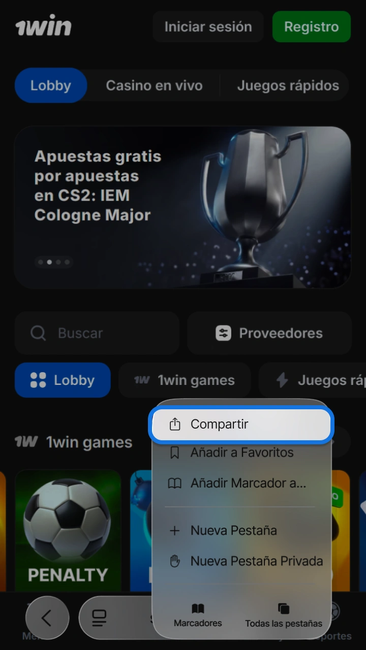 Toca el botón compartir en tu iPhone para instalar la app de 1win y Penalty Shoot-out.