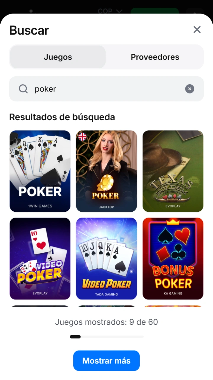 Selecciona tu variante favorita de Poker en el buscador del moderno casino 1win.