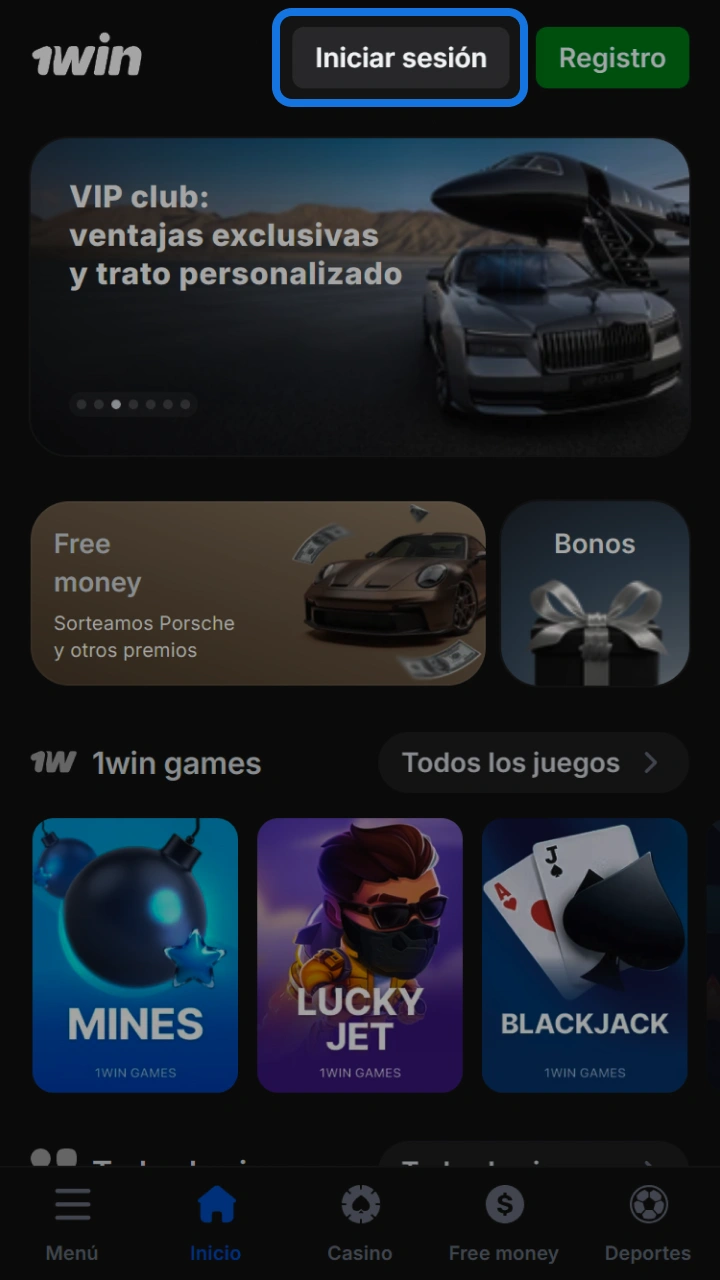 Haz clic en iniciar sesión dentro de la plataforma 1win y disfruta tus juegos.