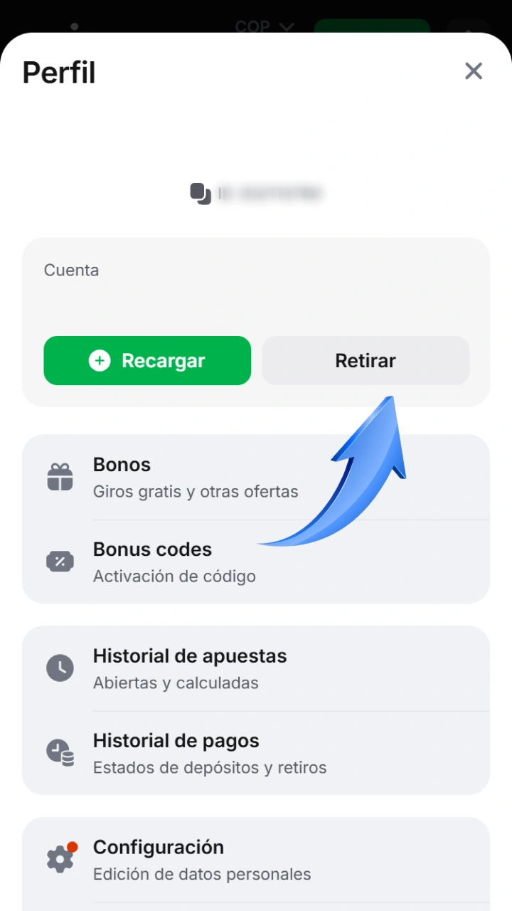 Haz clic en el botón de retirar dentro de tu perfil de usuario en 1win.
