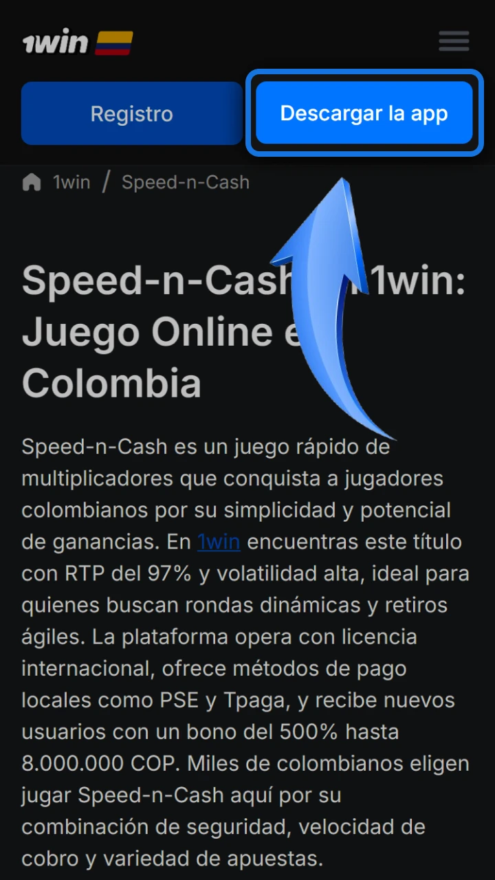 Toca el botón azul de descarga en 1win para disfrutar del juego rápido Speed-n-Cash.