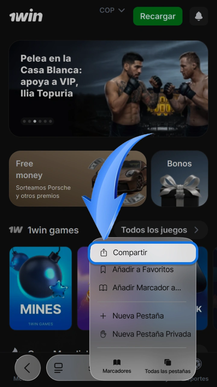 Usa el menú compartir en iOS para instalar la app de 1win y Speed-n-Cash.