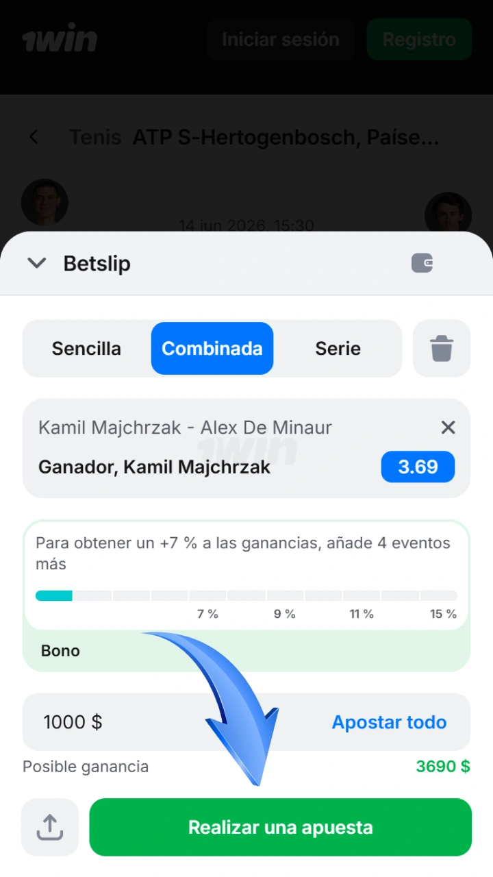 Confirma tu boleto y realiza tu apuesta de tenis con excelentes cuotas en 1win.