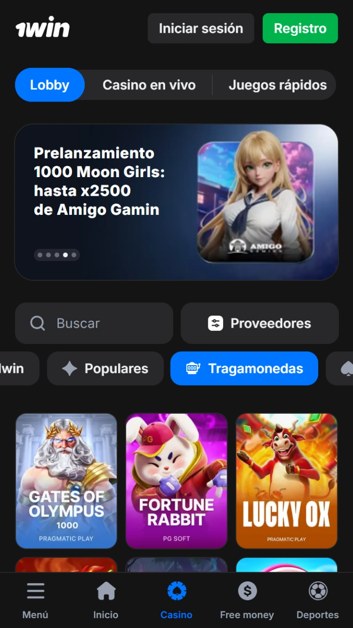 Explora el inmenso y colorido lobby de slots que te ofrece el casino 1win.